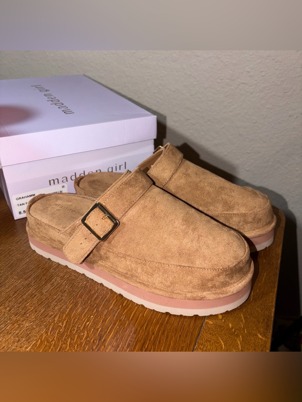 Madden Girl Tan Suede Slip-On Clog with Buckle - Picture 1 of 6